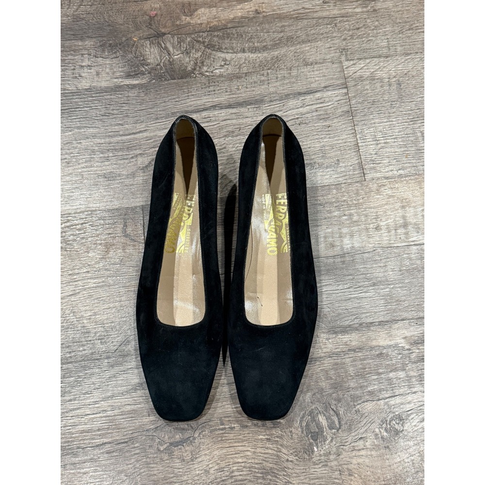 Salvatore Ferragamo Womens Black Suede Square Toe Block Heel Pumps Gold Trim 9B